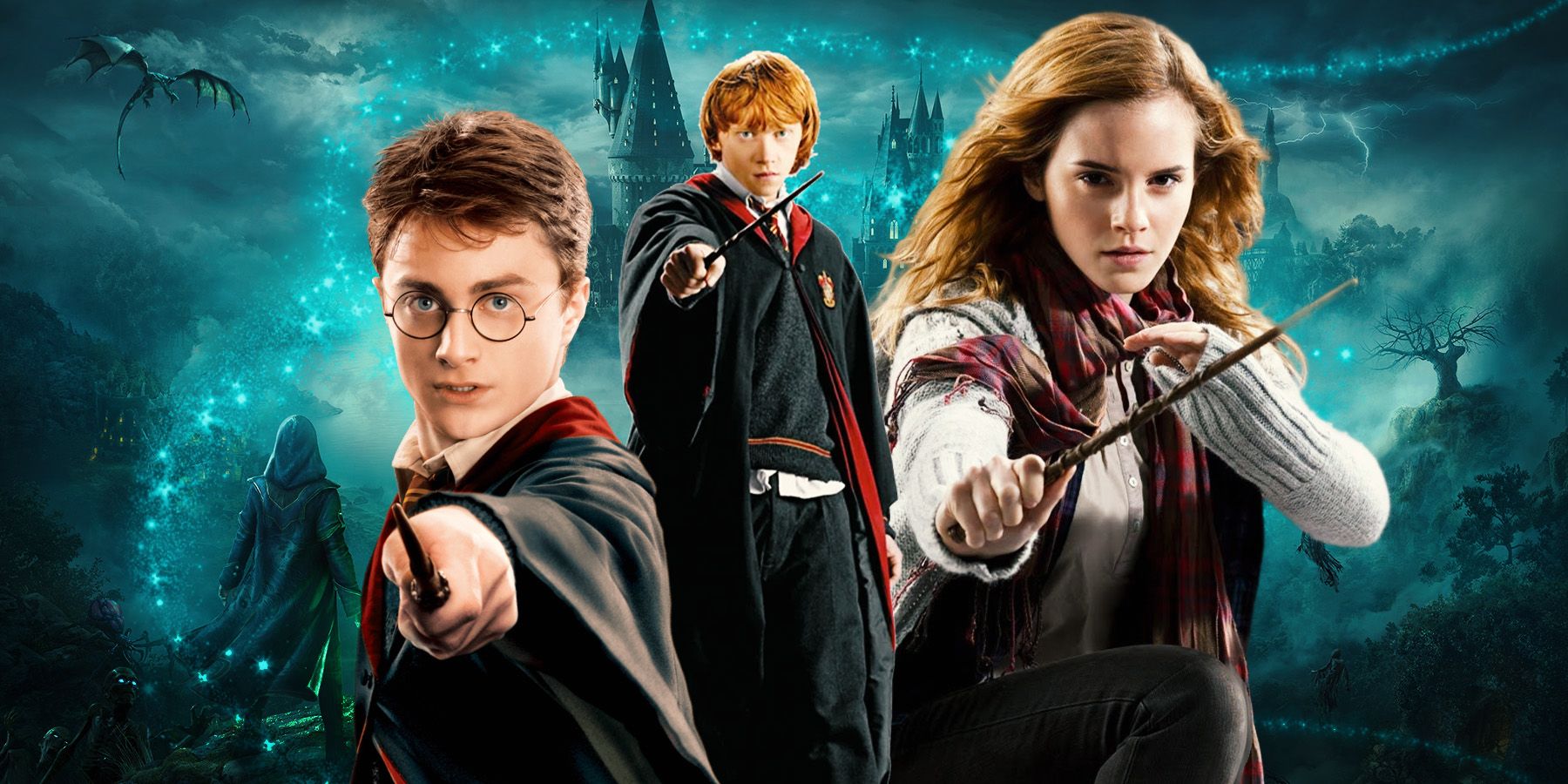 Hogwarts Legacy background with Harry, Ron and Hermione from the Harry Potter movies