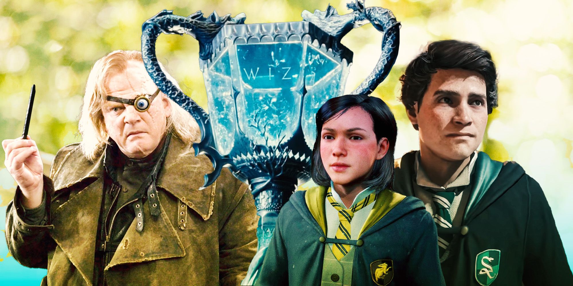 Alastor Moody and the Triwizard Cup from the Goblet of Fire film, with Poppy Sweeting and Sebastian Sallow from Hogwarts Legacy.