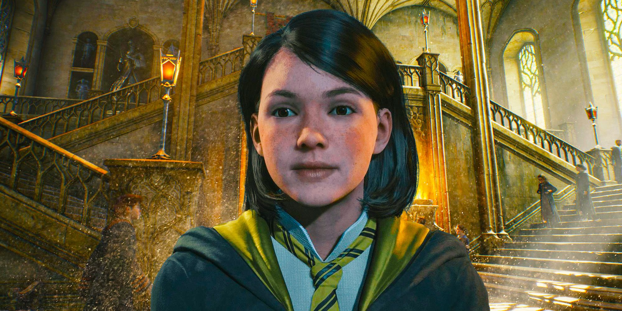 Hogwarts Legacy's Poppy Sweeting with a view of some staircases in the background.