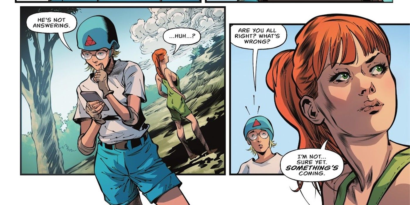 Painéis de quadrinhos: House of Brainiac começa quando Power Girl pondera para Omen por que Axel Gust não respondeu a mensagem.