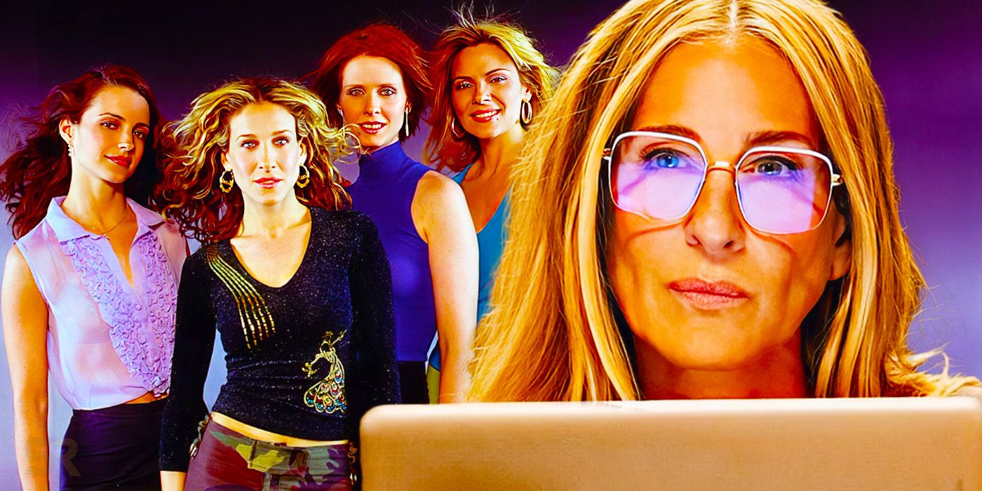 Carrie Bradshaw (Sarah Jessica Parker) sits at computer in And Just Like That... with Carrie, Samantha, Miranda, and Charlotte from original Sex and the City show behind her