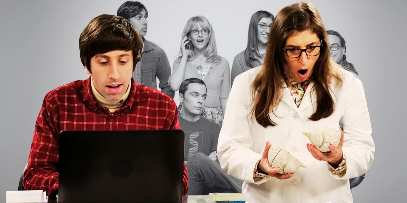 A composite image features Howard and Amy in the lab over the cast of the Big Bang Theory