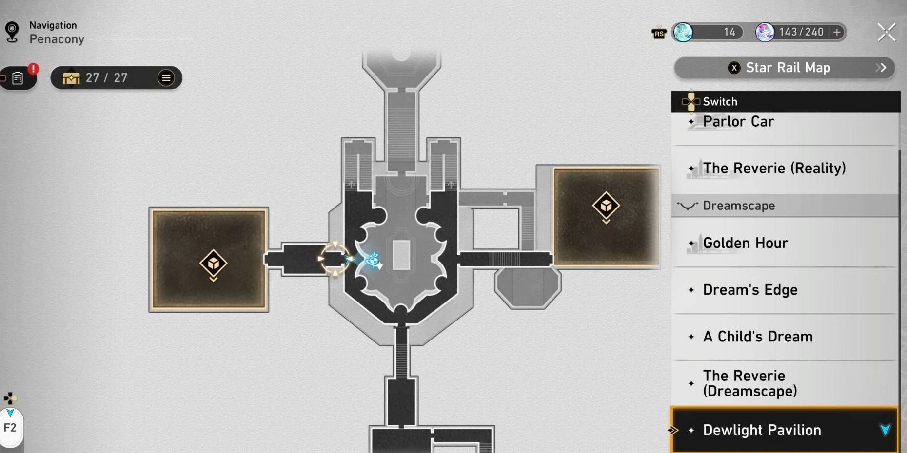 Um mapa do Pavilhão Dewlight de Honkai: Star Rail destacando a localização de um pássaro de origami escondido.