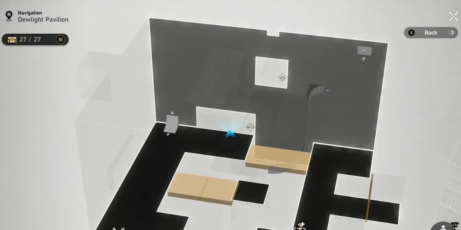 Um mapa 3D do Pavilhão Dewlight de Honkai: Star Rail destacando a localização de um pássaro de origami escondido.