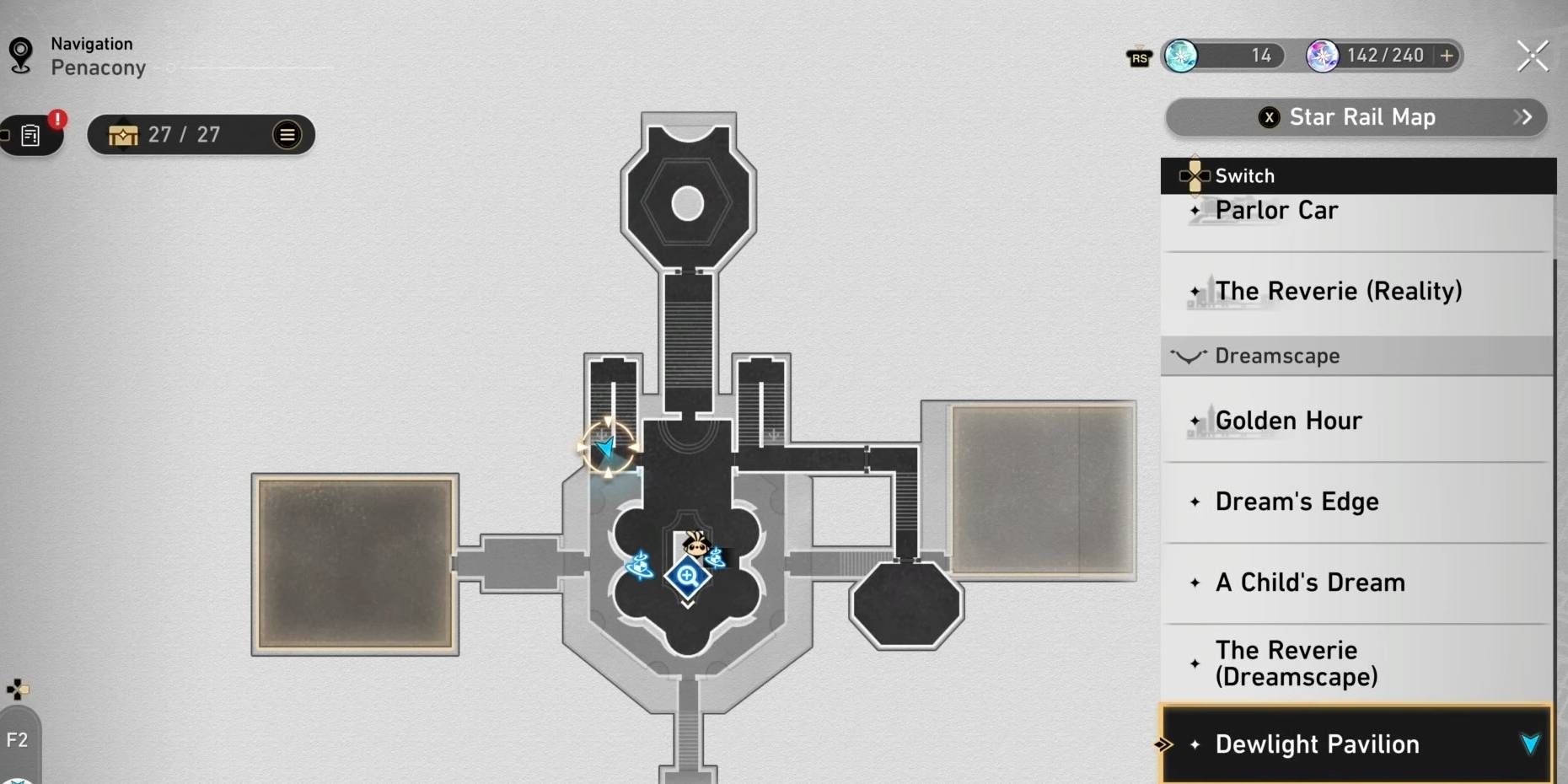 Um mapa do Pavilhão Dewlight de Honkai: Star Rail destacando a localização de um pássaro de origami escondido.