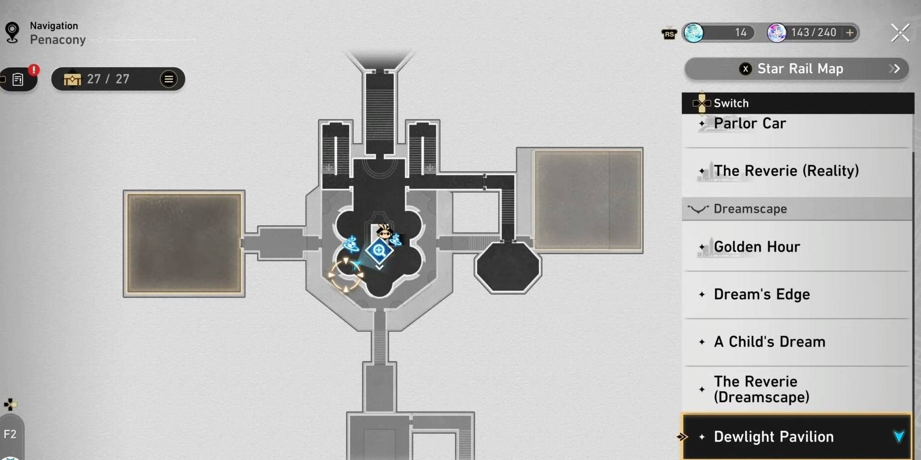 Um mapa do Pavilhão Dewlight de Honkai: Star Rail destacando a localização de um pássaro de origami escondido.