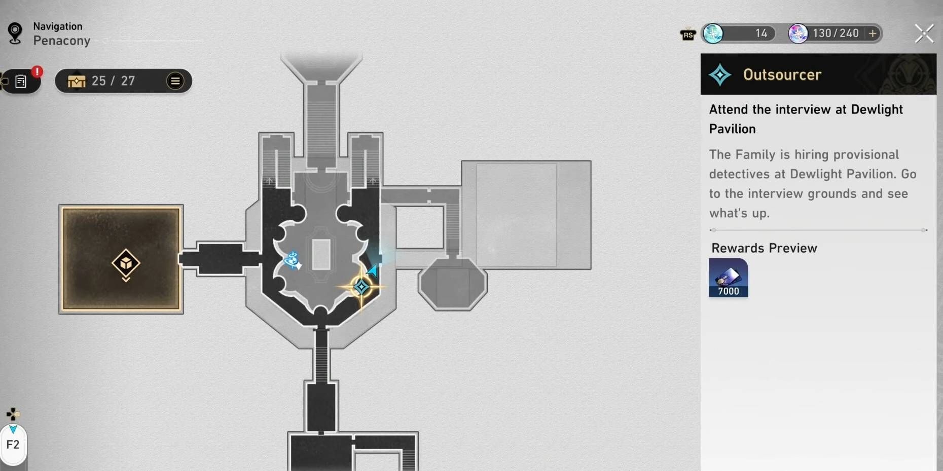 Um mapa do Pavilhão Dewlight de Honkai: Star Rail destacando a localização de um pássaro de origami escondido.