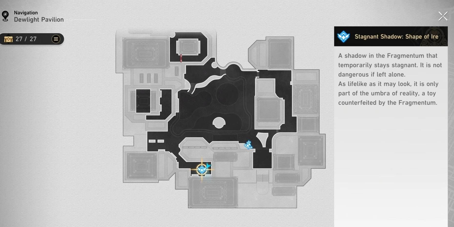 Um mapa do Pavilhão Dewlight de Honkai: Star Rail destacando a localização de um pássaro de origami escondido.