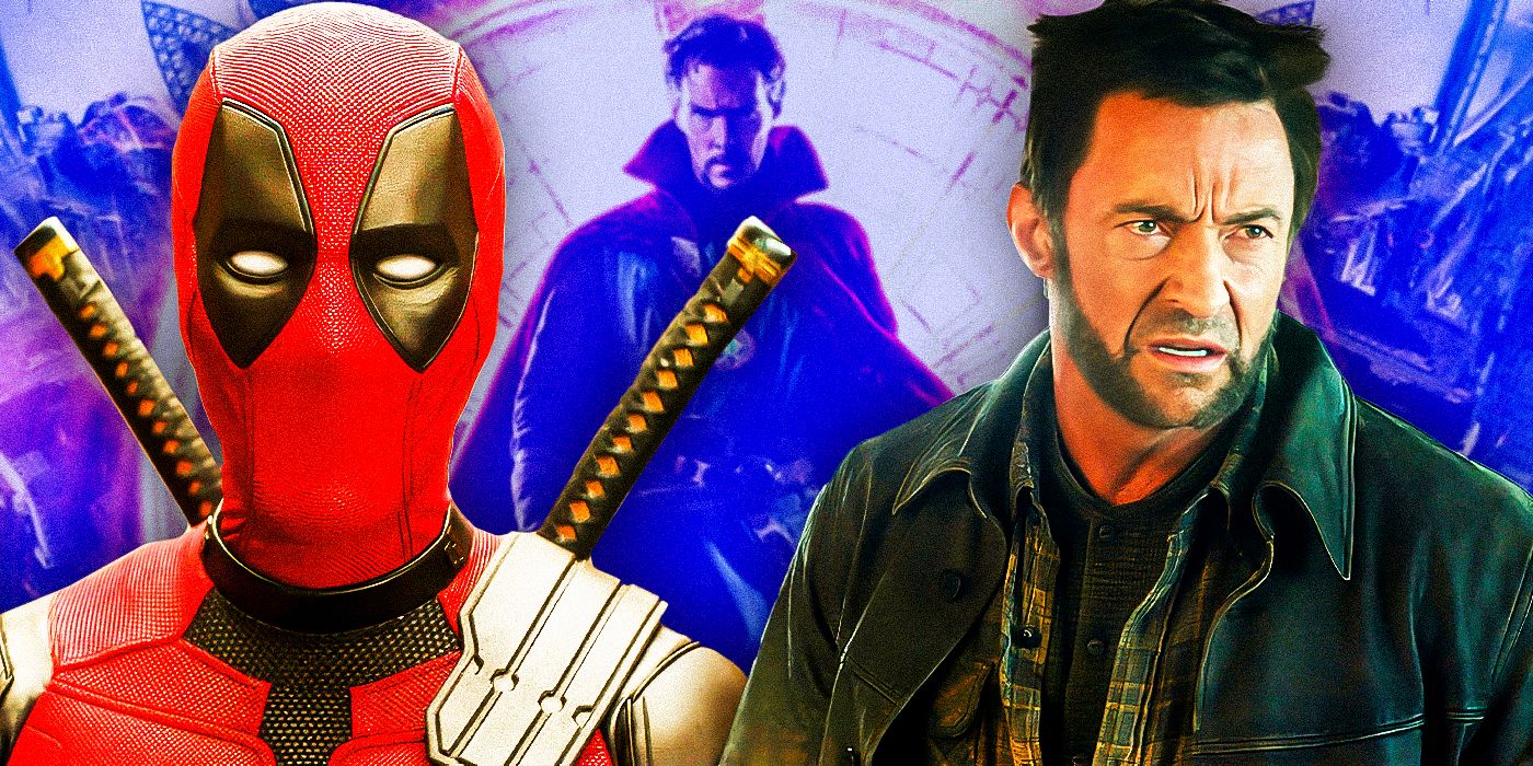 Deadpool & Wolverine from their movie of the same name in front of a stylized Doctor Strange MCU poster