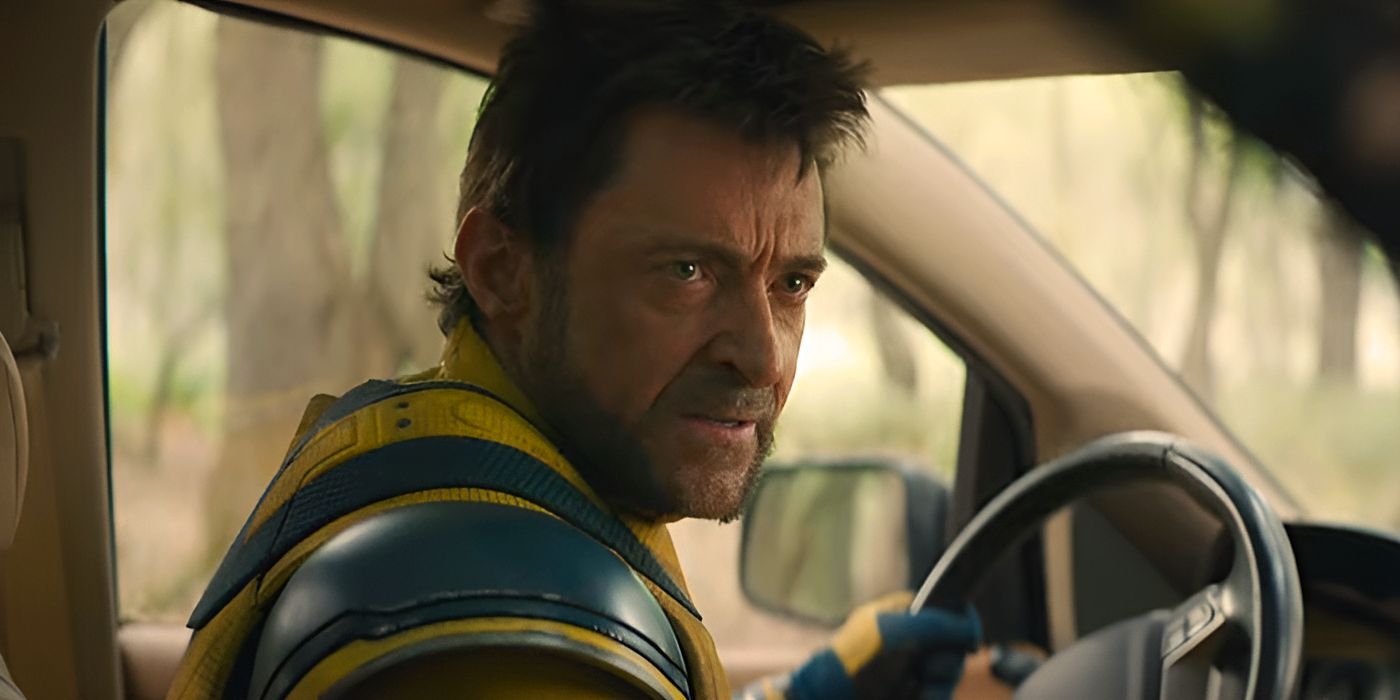 Hugh Jackman's Wolverine driving a car while unmasked in Deadpool & Wolverine