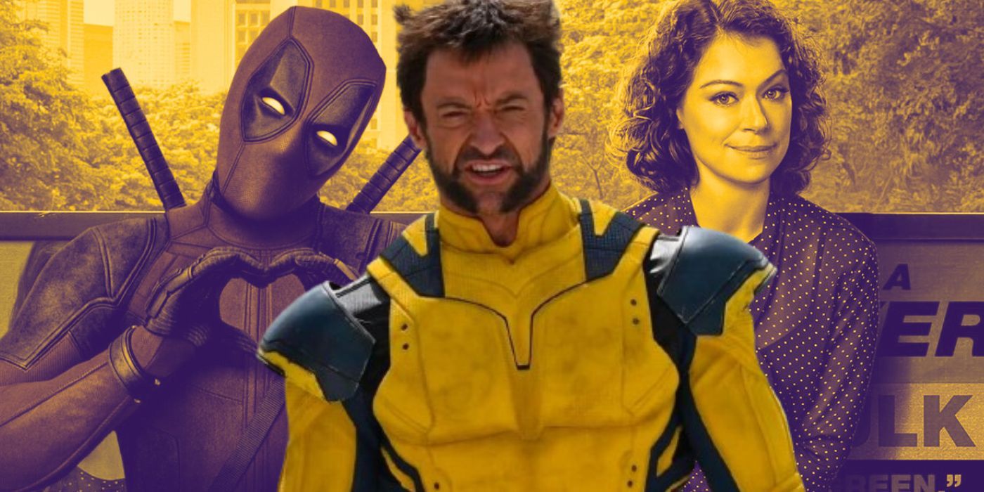 Hugh Jackman's Wolverine grimacing in Deadpool & Wolverine with Deadpool and Jennifer Walters in the background