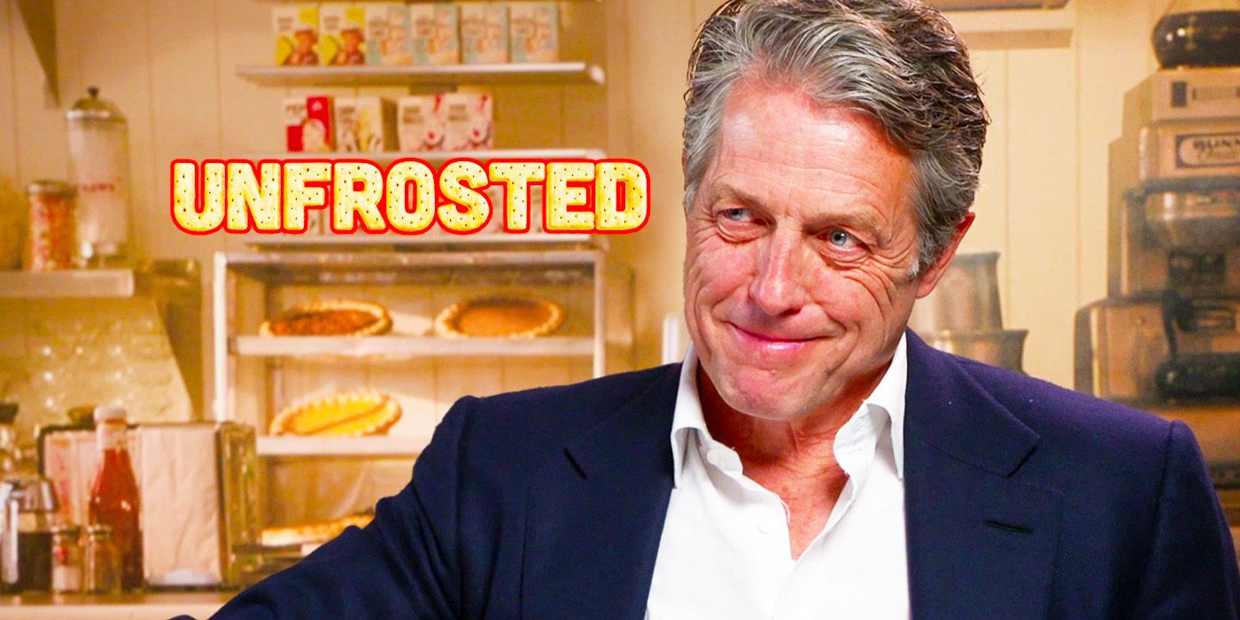 Edited image of Hugh Grant during Unfrosted interview