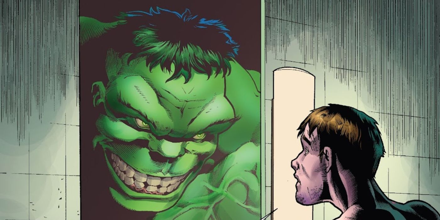 O Hulk sorrindo sinistramente para Bruce Banner no espelho.