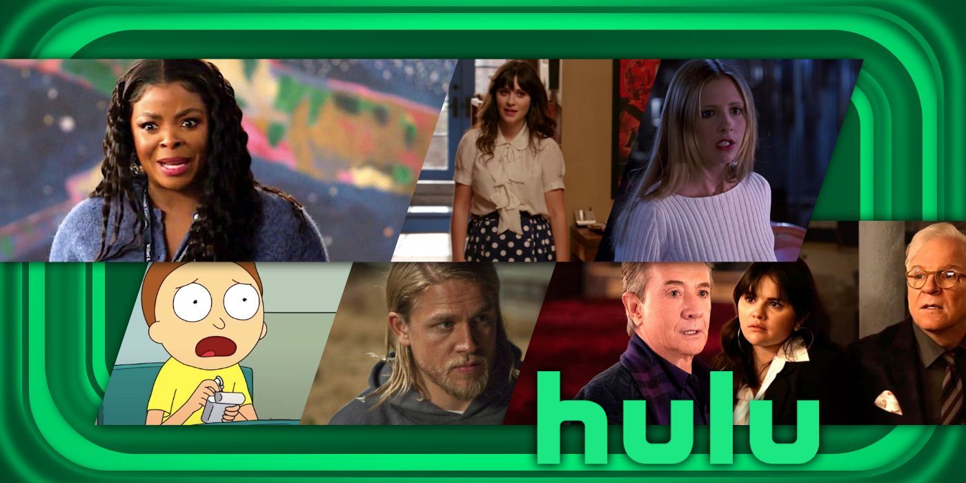 A collage image of the best Hulu shows in May: Abbott Elementary, New Girl, Buffy the Vampire Slayer, Rick & Morty, Sons of Anarchy, and Only Murders in the Building