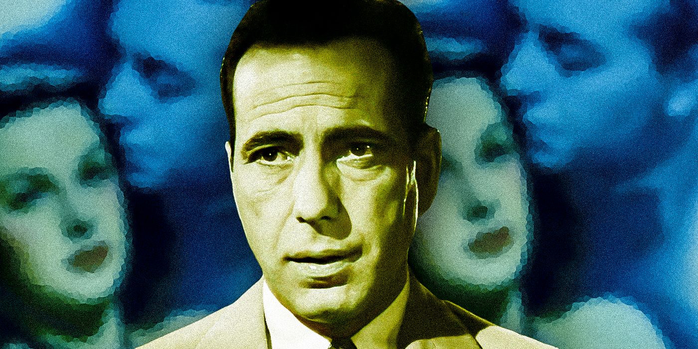 Humphrey Bogart as Rick Blaine from Casablanca, with the poster for The Conspirators blurred in the background