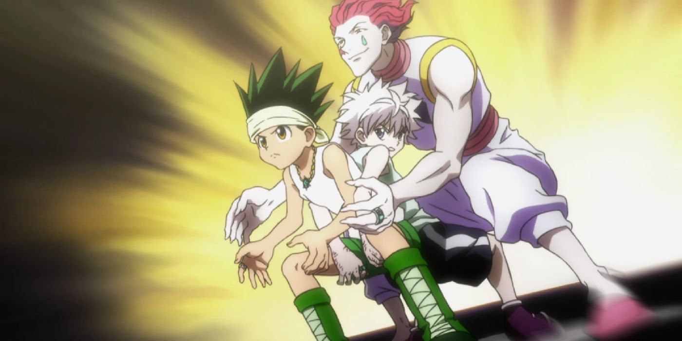 Gon, Killua e Hisoka de Hunter x Hunter en una posición defensiva durante un juego de voleibol en Greed Island Ark