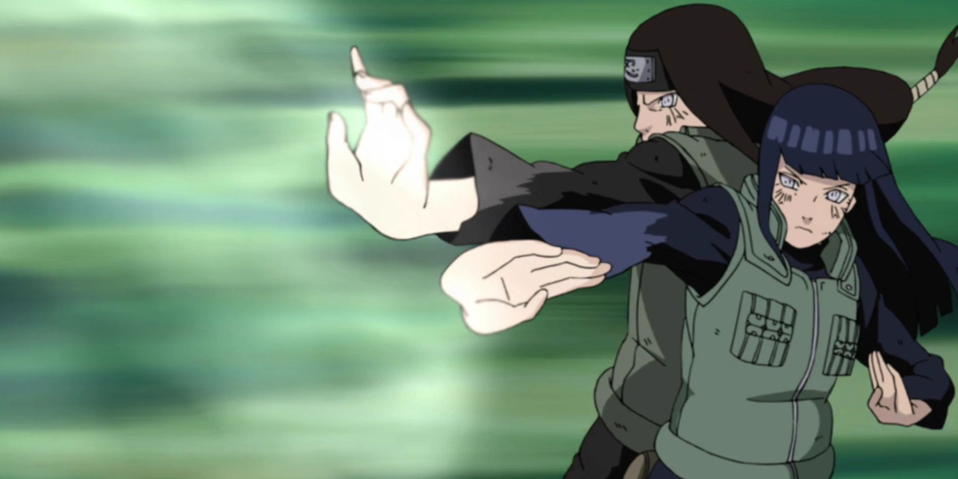 Screenshot from Naruto shippuden anime shows Neji and Hinata back to back using a palm strike that forces air away from them.