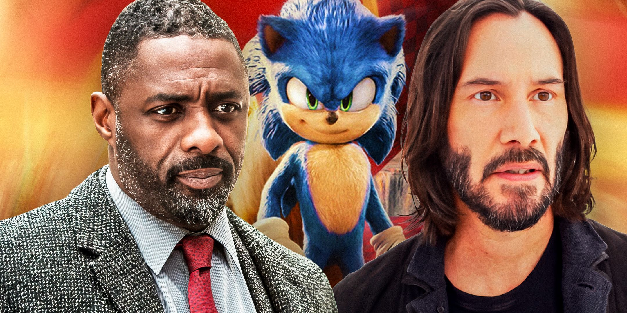 Idris Elba in Luther and Keanu Reeves in The Matrix with Sonic the Hedgehog in the middle