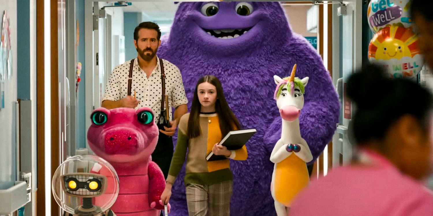 Cal (Ryan Reynolds), Bea (Cailey Fleming), Blue, and some other imaginary friends walk down a hallway in IF movie trailer