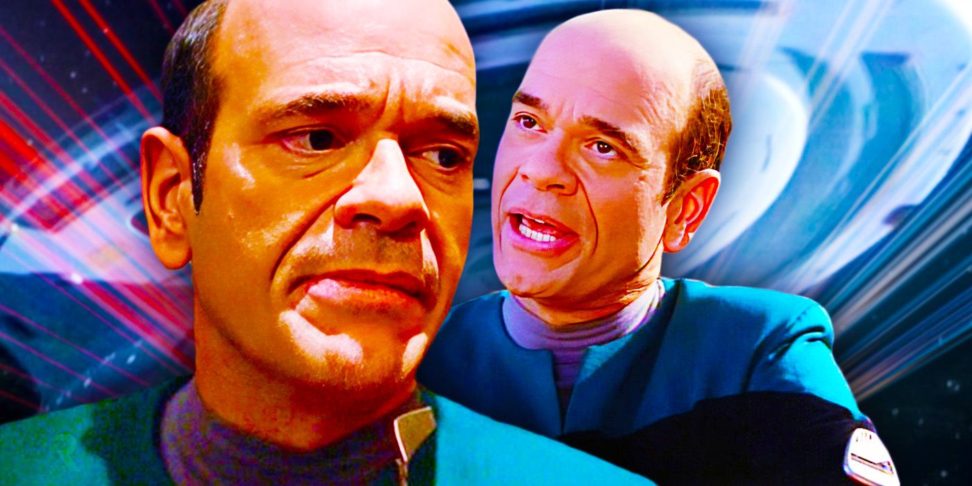Collage of the Doctor (Robert Picardo) from Star Trek: Voyager looking annoyed or irritated with a stylized image of the USS Voyager in the background.