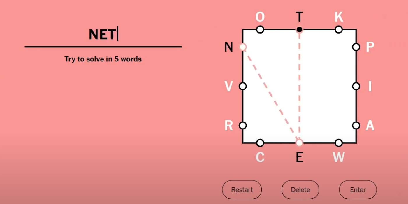 NYT Letter Boxed game forming "Net" word from letters available in connected pattern