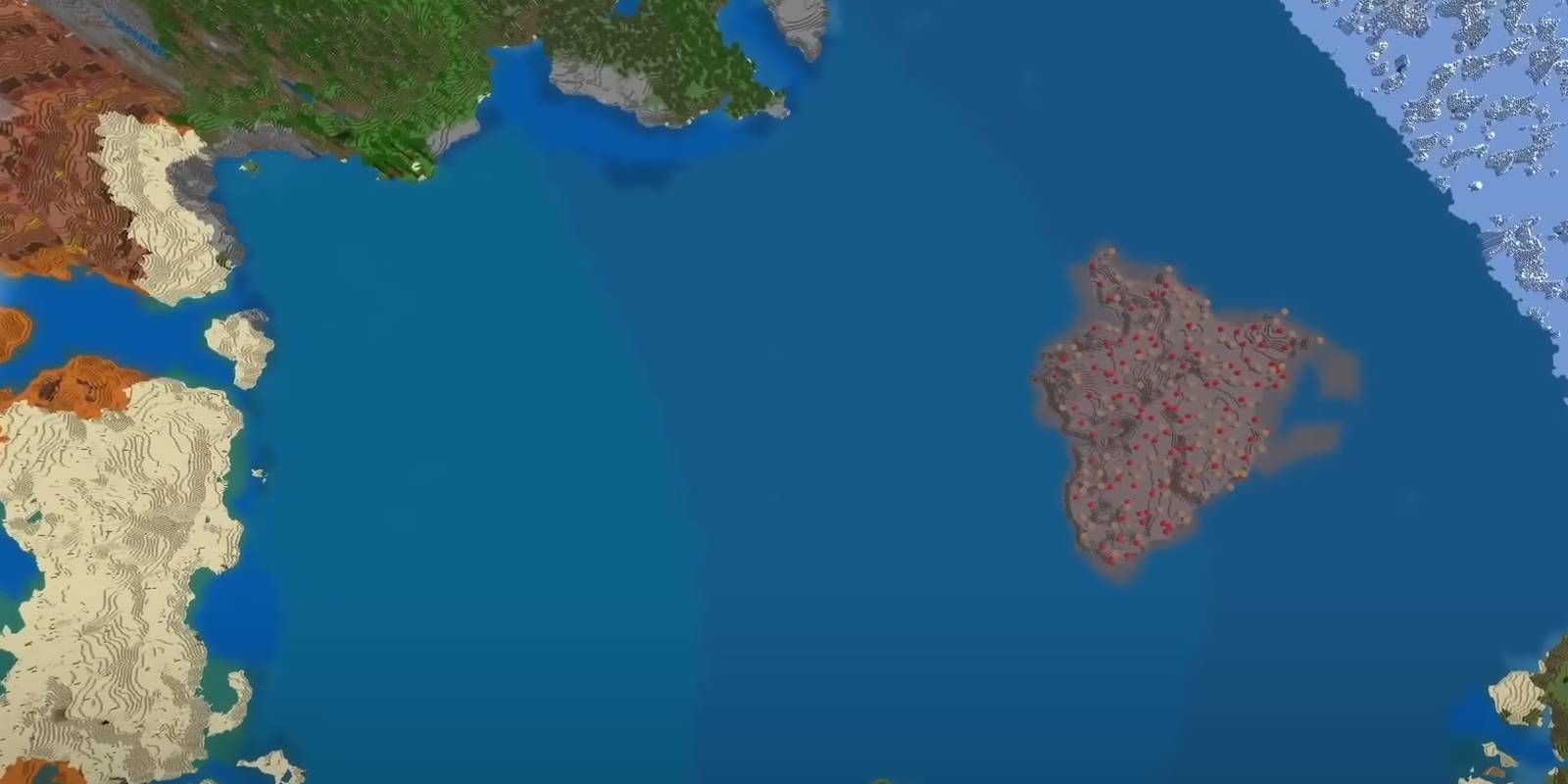 Minecraft Fungal Ocean Island seed world with Mooshroom island in an ocean near several other biomes