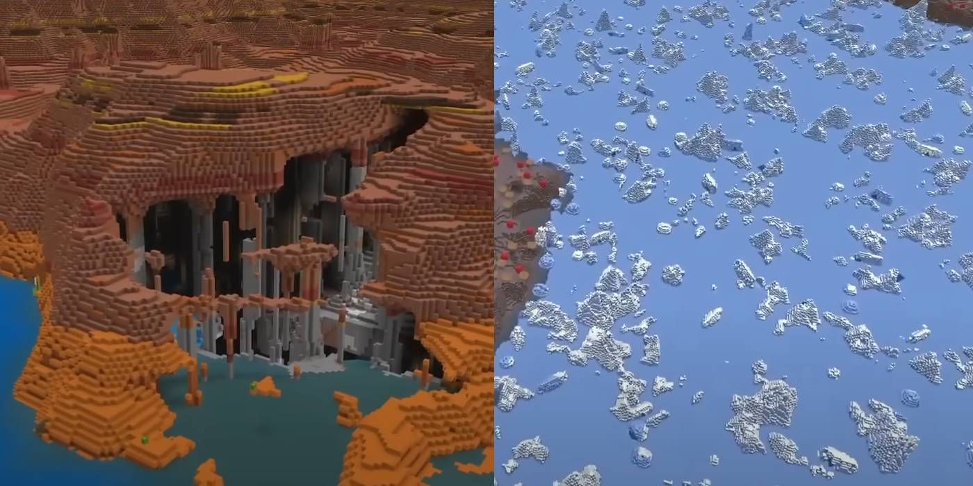 Biomas Minecraft Badlands e Ice Lake da semente mundial Fire and Ice