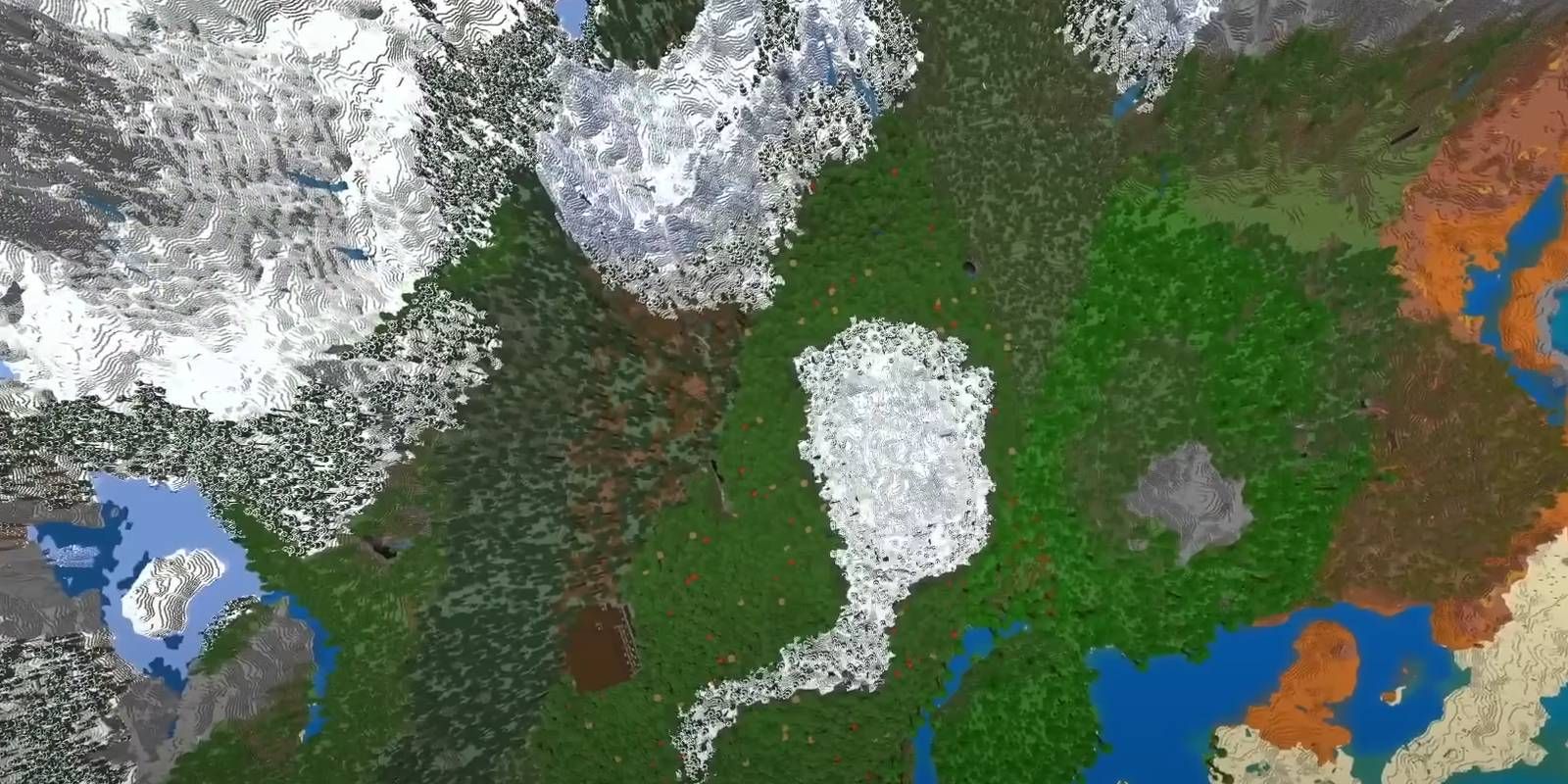 Minecraft top down view of several different environments from Balanced Biome Beauty world seed