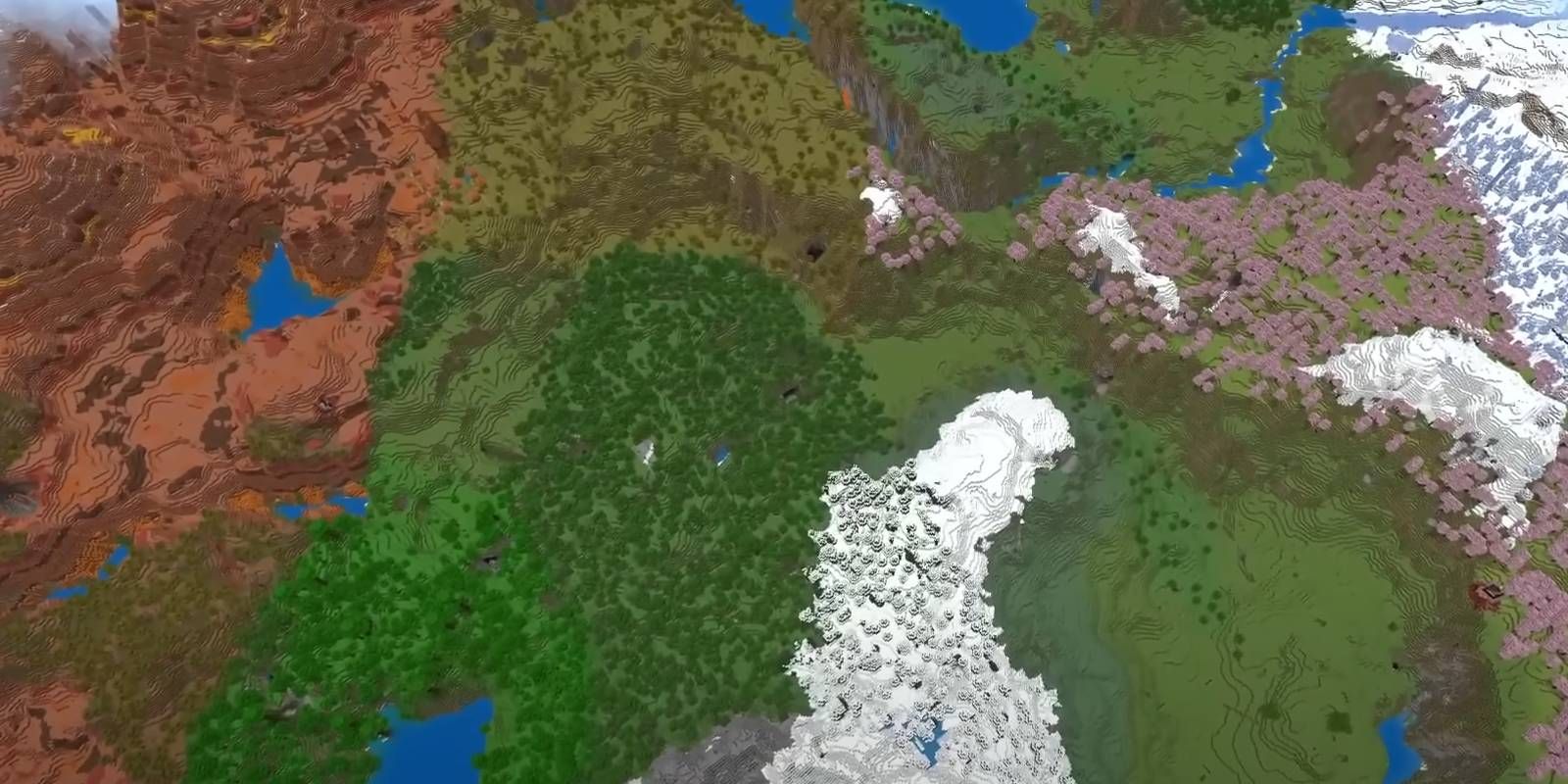 Vista de cima para baixo do Minecraft da semente mundial de sobrevivência da Terra do Paraíso Abundante