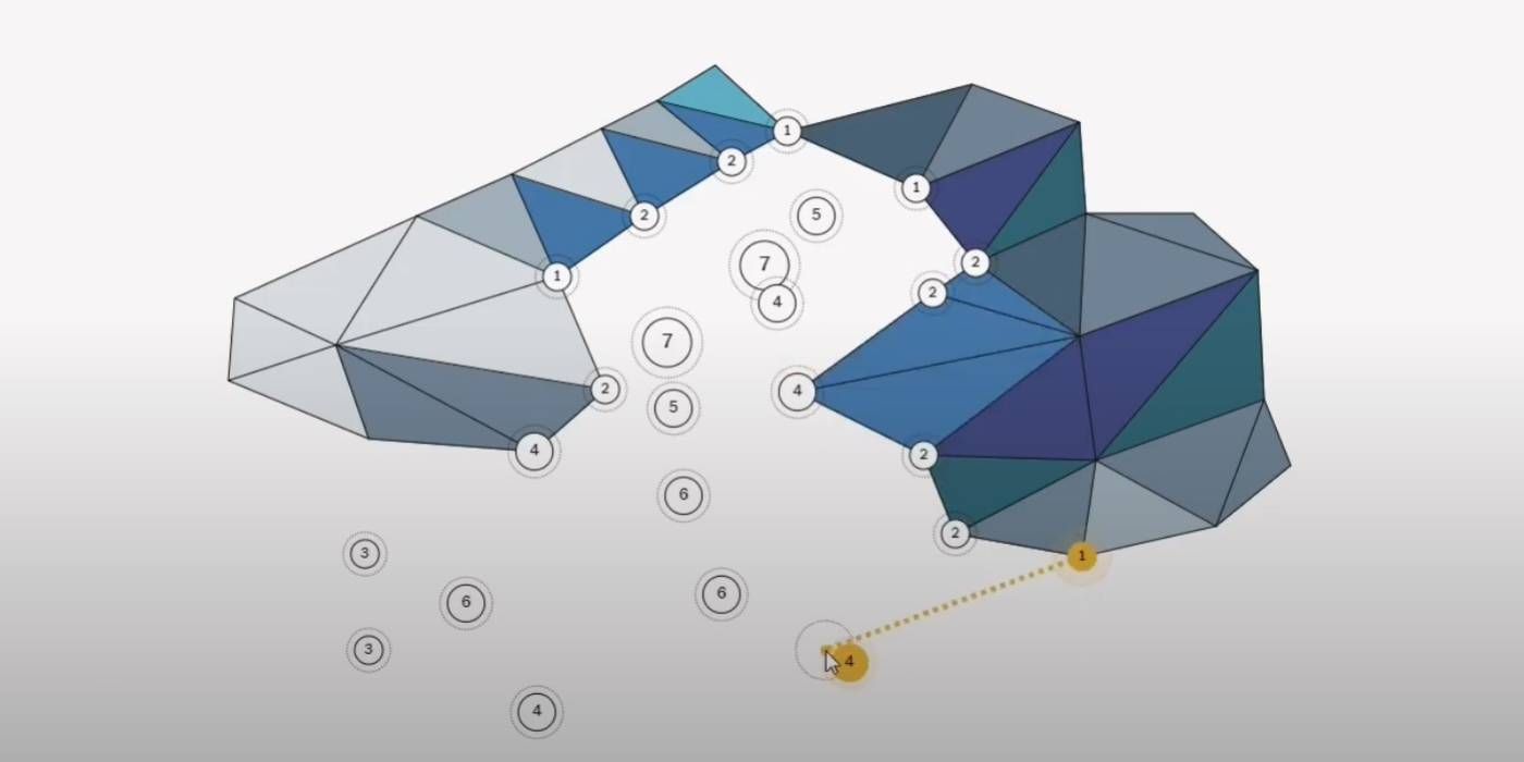 Jogo NYT Vertex com triângulos formando uma imagem conectando pontos ao longo da grade do quebra-cabeça