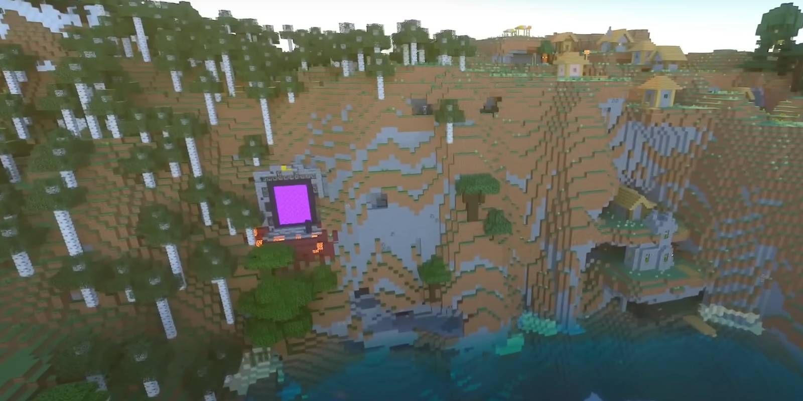 Minecraft Village and Nether Portal from "Lakes of Water and Fire" 1.20 Bedrock world seed