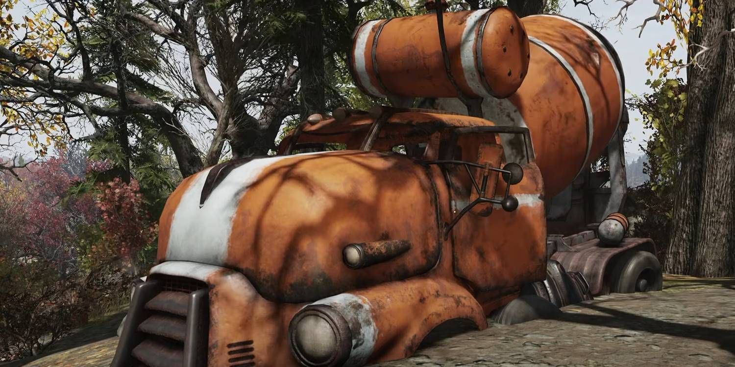 Caminhão de cimento Fallout 76 contendo itens de sacos de cimento que podem ser divididos em restos de concreto