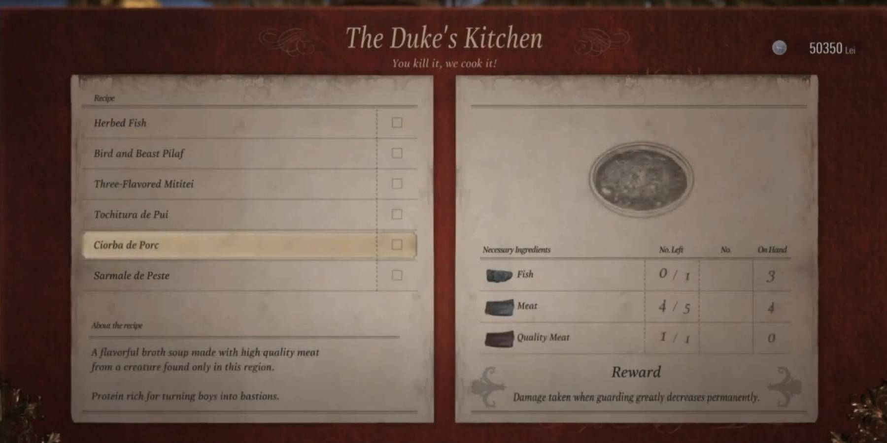 Resident Evil Village The Duke's Kitchen com receita de Ciorba de Porc para buff permanente