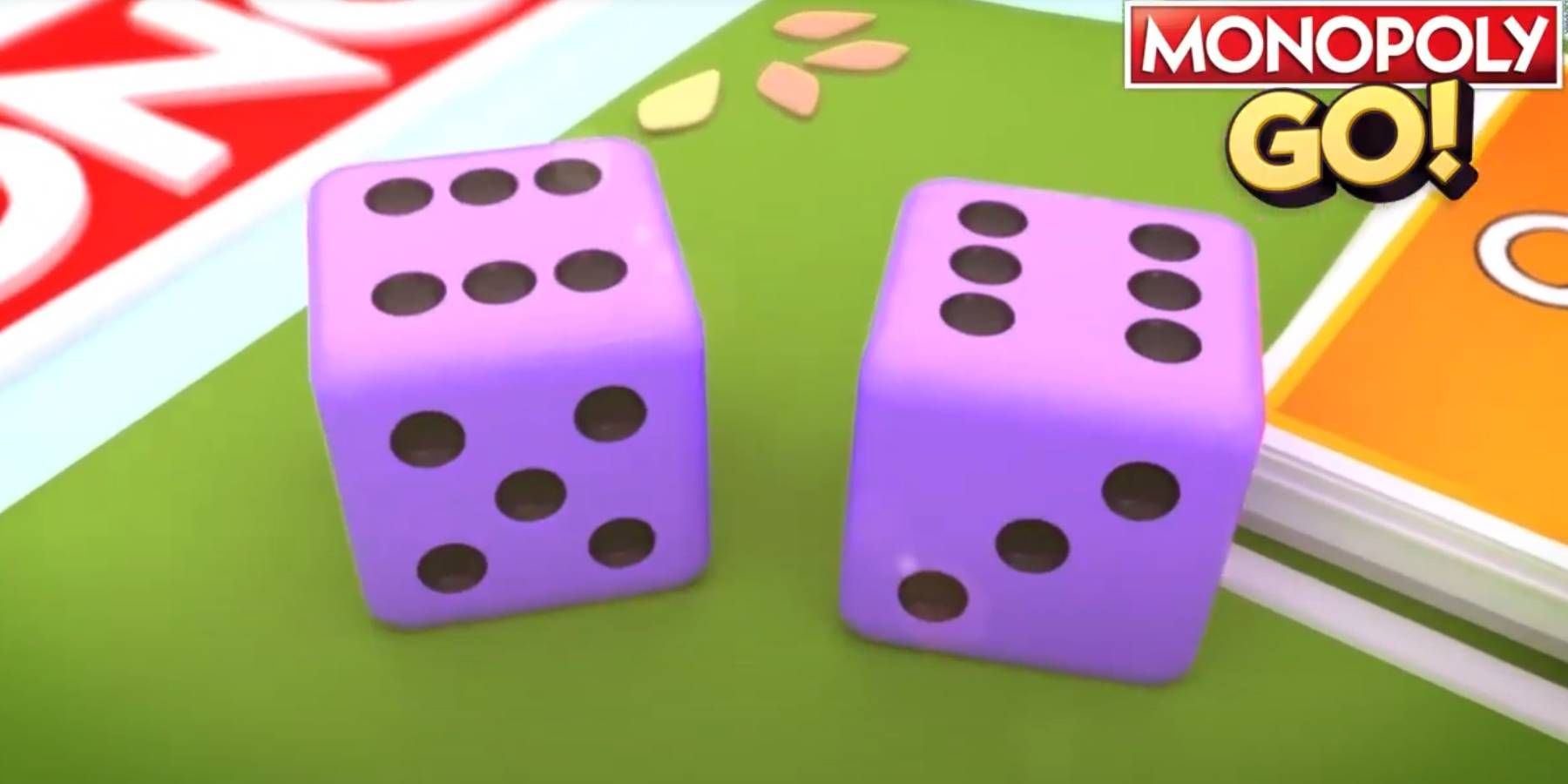 Dados roxos do Monopoly GO sendo lançados para mover a peça pelo tabuleiro de jogo