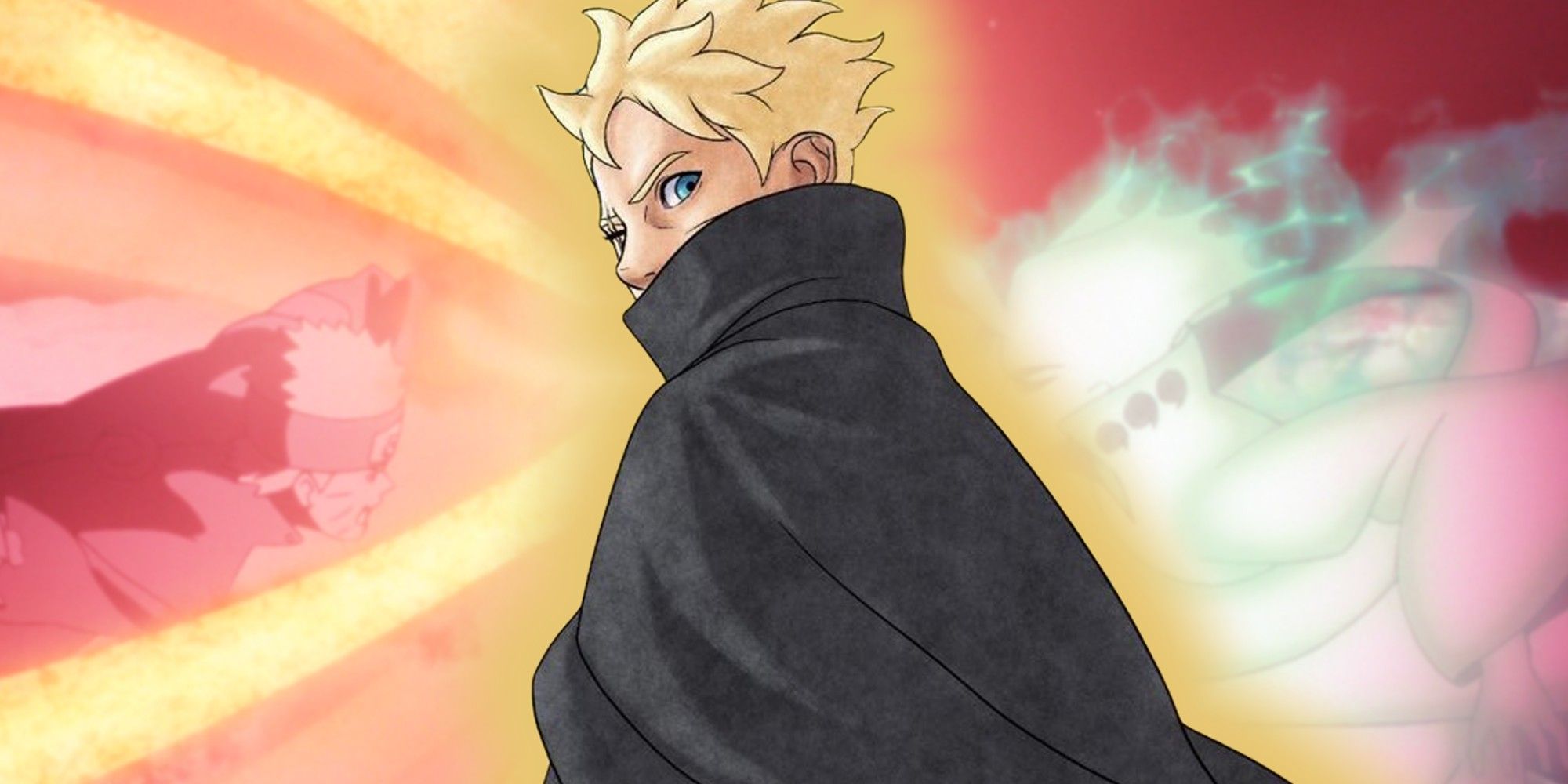 Image of Boruto looking back in front Toneri and Naruto fighting