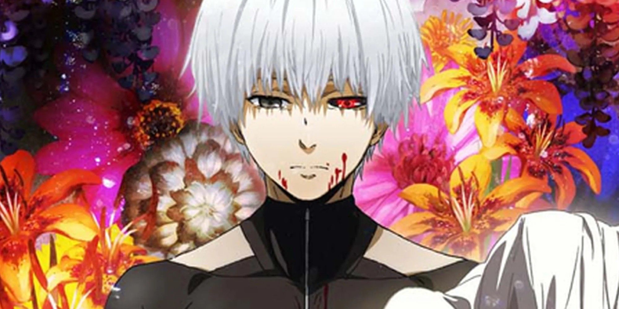 Image of white-hair Kaneki in front of flowers from the anime adaptation of Tokyo Ghoul.