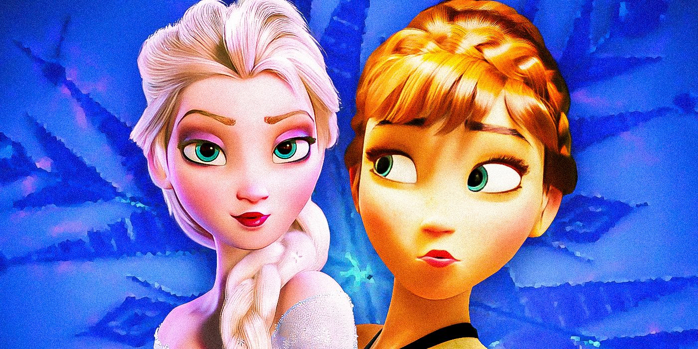 Elsa and Anna from Frozen against a blue, snowflake background