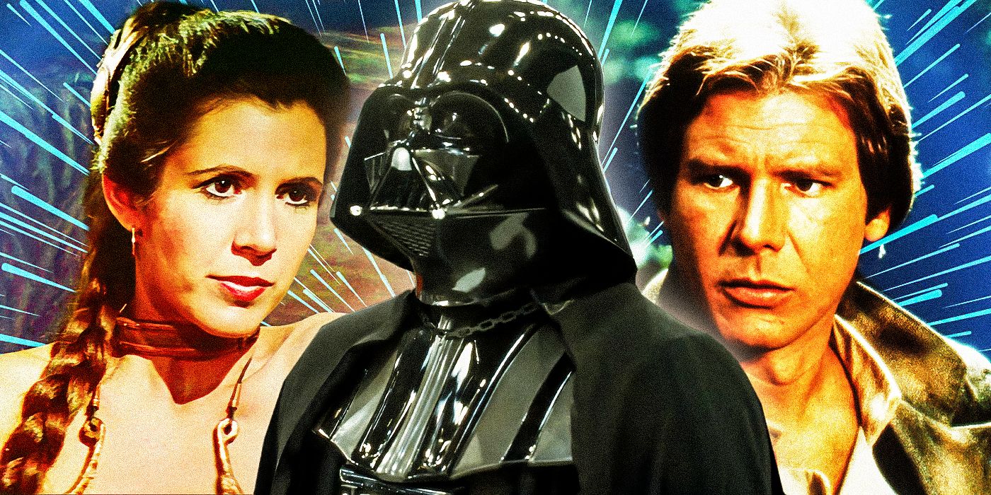 Left: Carrie Fisher in her golden bikini Leia costume; Center: Darth Vader; Right: Harrison For as Han Solo in Return of the Jedi; background: hyperspace.