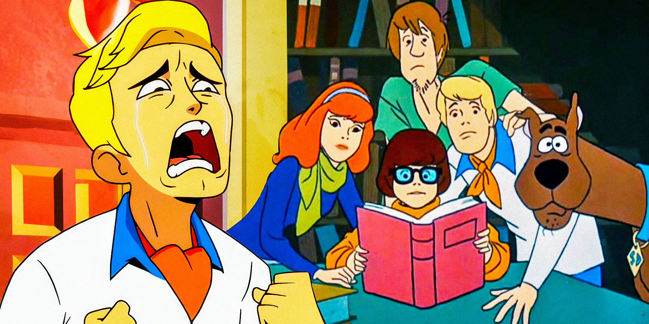 Fred crying in Velma and the Scooby-Doo cast, including Daphne, Velma, Shaggy, Fred, and Scooby-Doo.