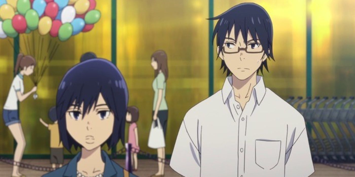 Erased anime Satoru and his mom walking around in a screen grab from the anime