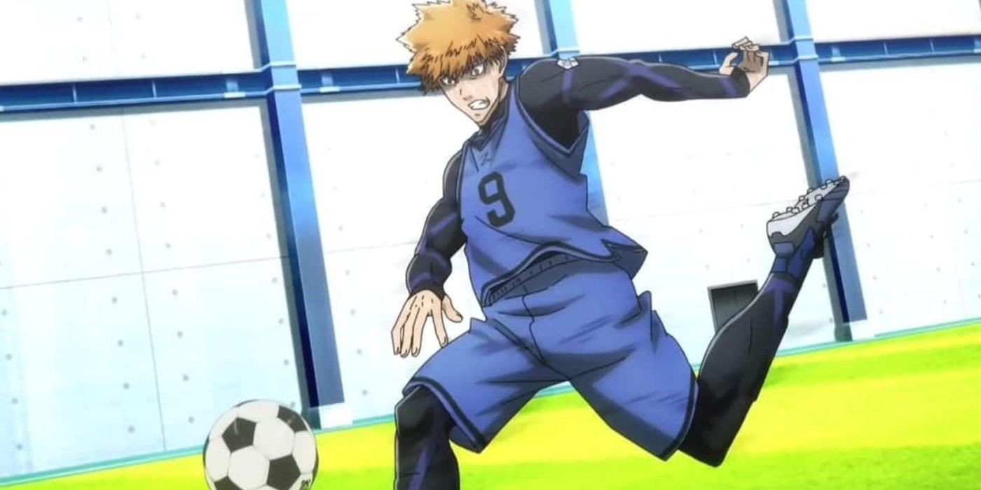 Kunigami Rensuke lifting his leg up to kick the soccer ball in Blue Lock