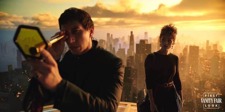 Adam Driver and Nathalie Emmanuel against the backdrop of a city in Megalopolis