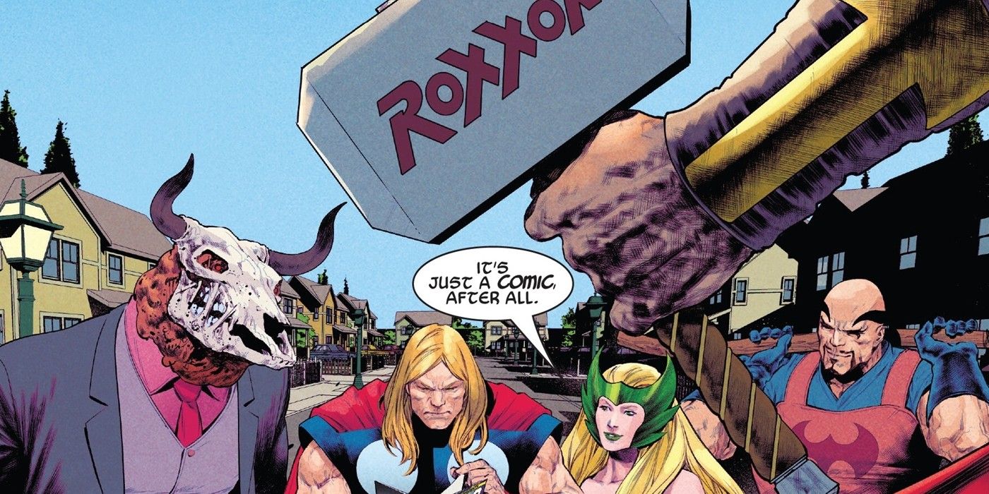 Image of Dario Agger, Thor, Enchantress and the Executioner, while someone off panel holds a hammer saying 