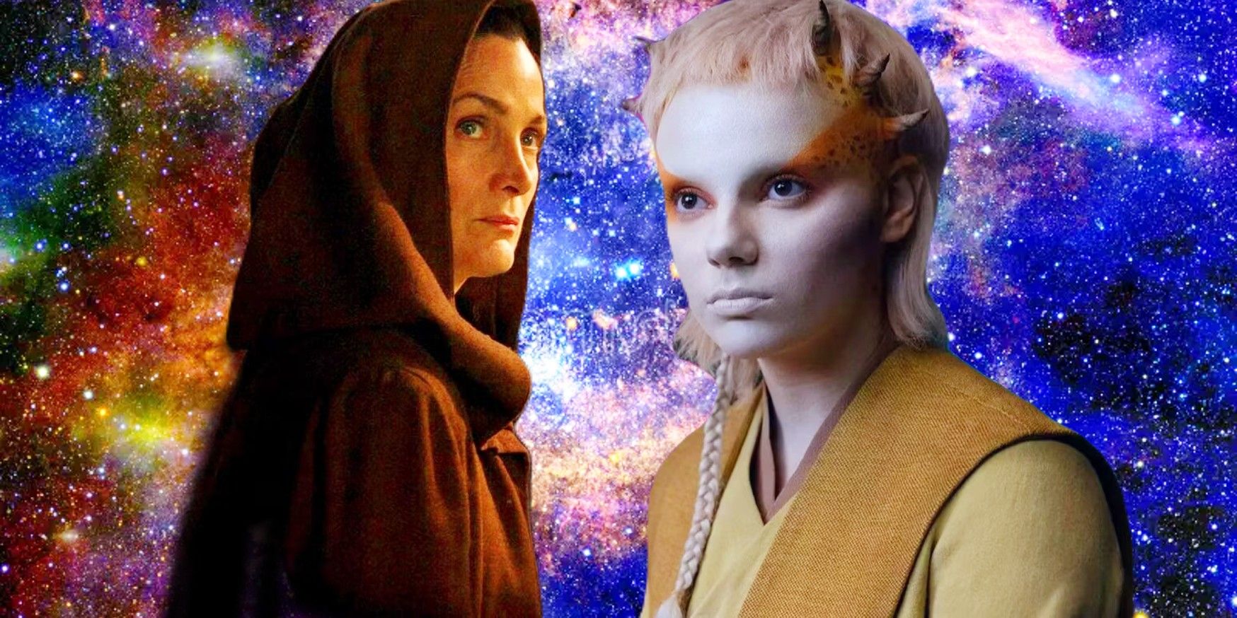 Jedi Master Indara (Carrie-Anne Moss and Padawan Jecki Lon (Dafne Keen) in Star Wars: The Acolyte set against a multicolored space background