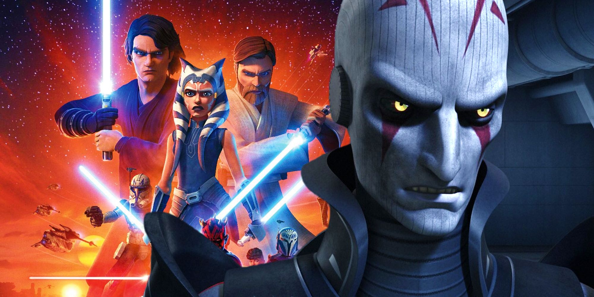The Grand Inquisitor snarling in Star Wars Rebels next to the poster for The Clone Wars season 7