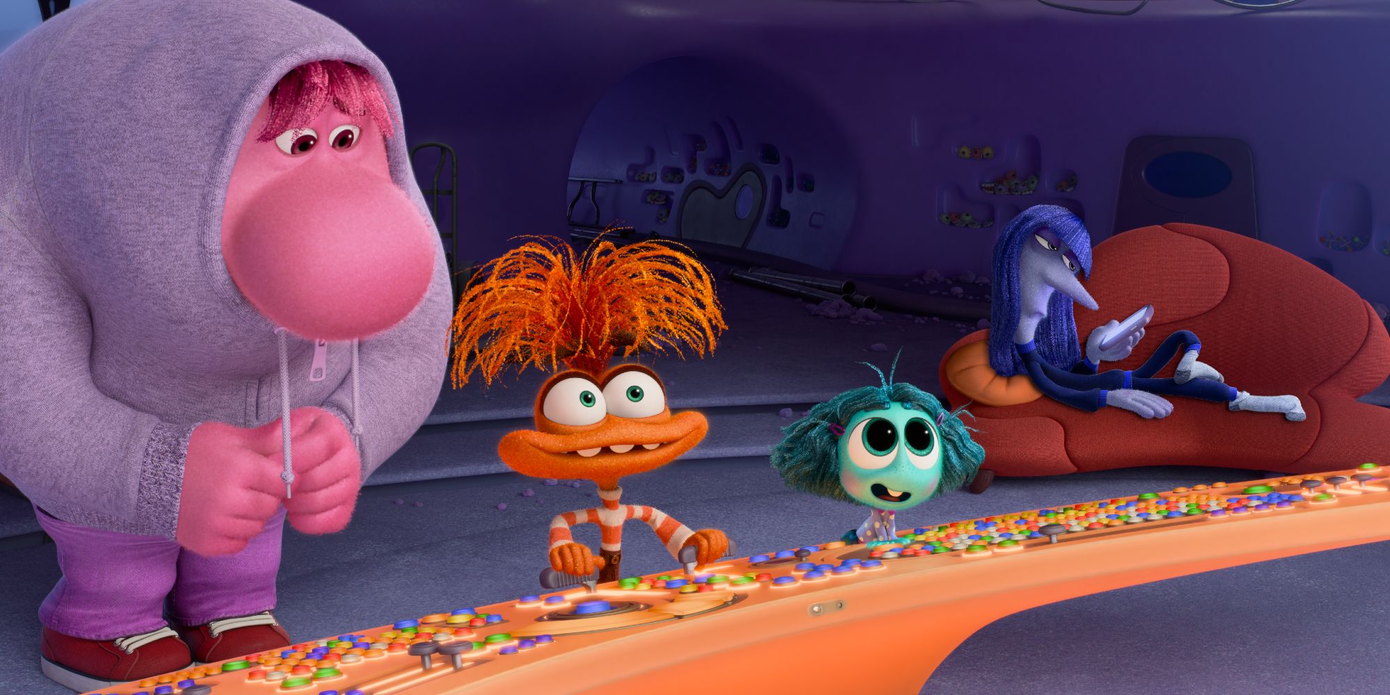 Anxiety, Embarrassment, Envy, and Ennui take control of Riley's control panel in Inside Out 2