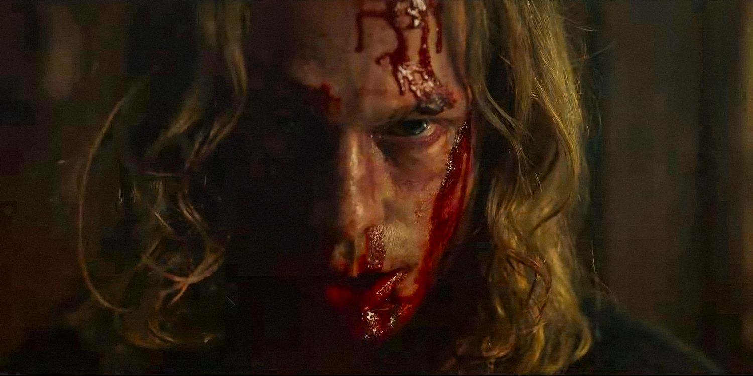 Close-up of Lestat de Lioncourt with his face covered in blood in Interview with the Vampire season 2