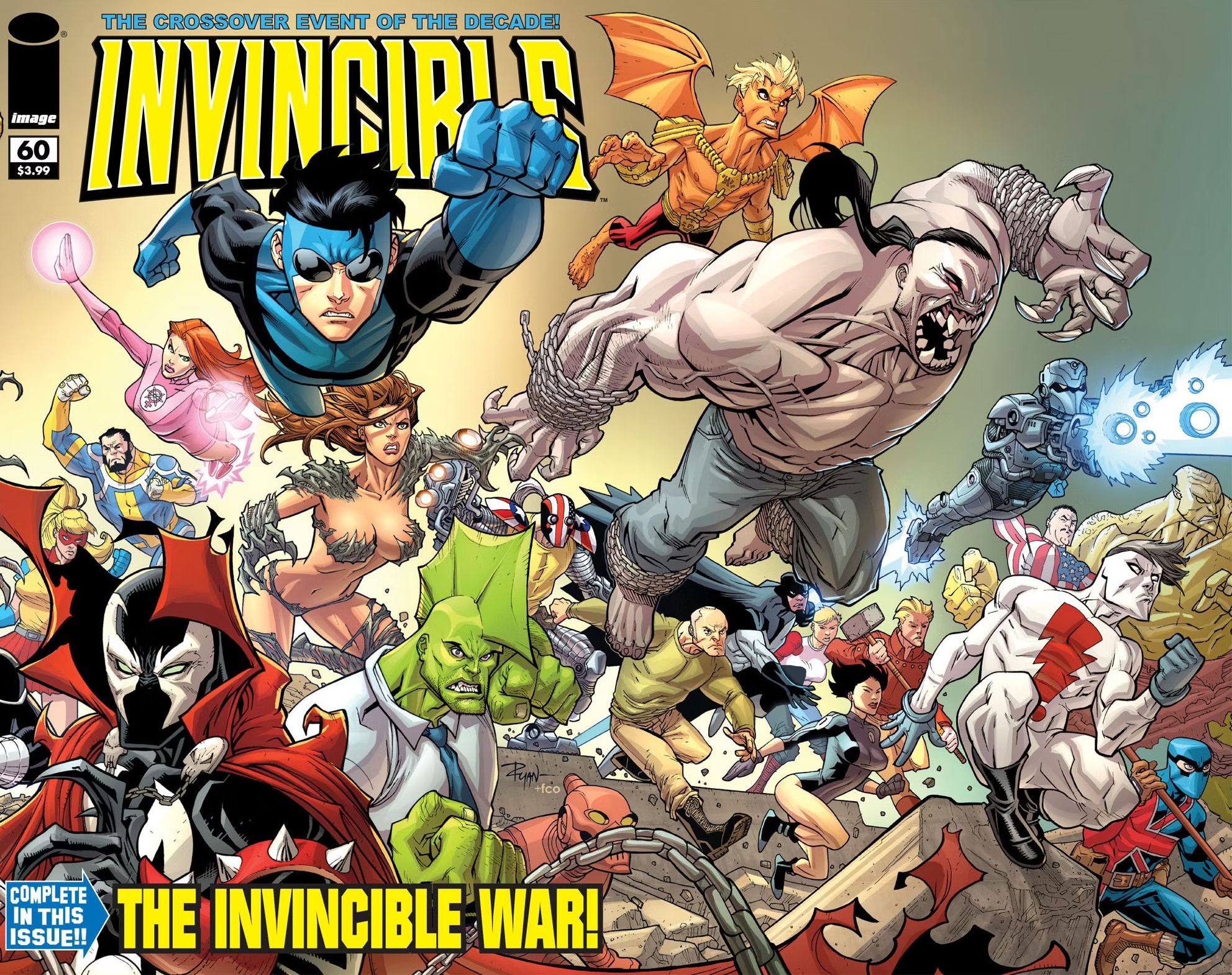 Invincible #60 wraparound cover (right side) featuring Image Comics heroes, led by Invincible, leaping into battle.