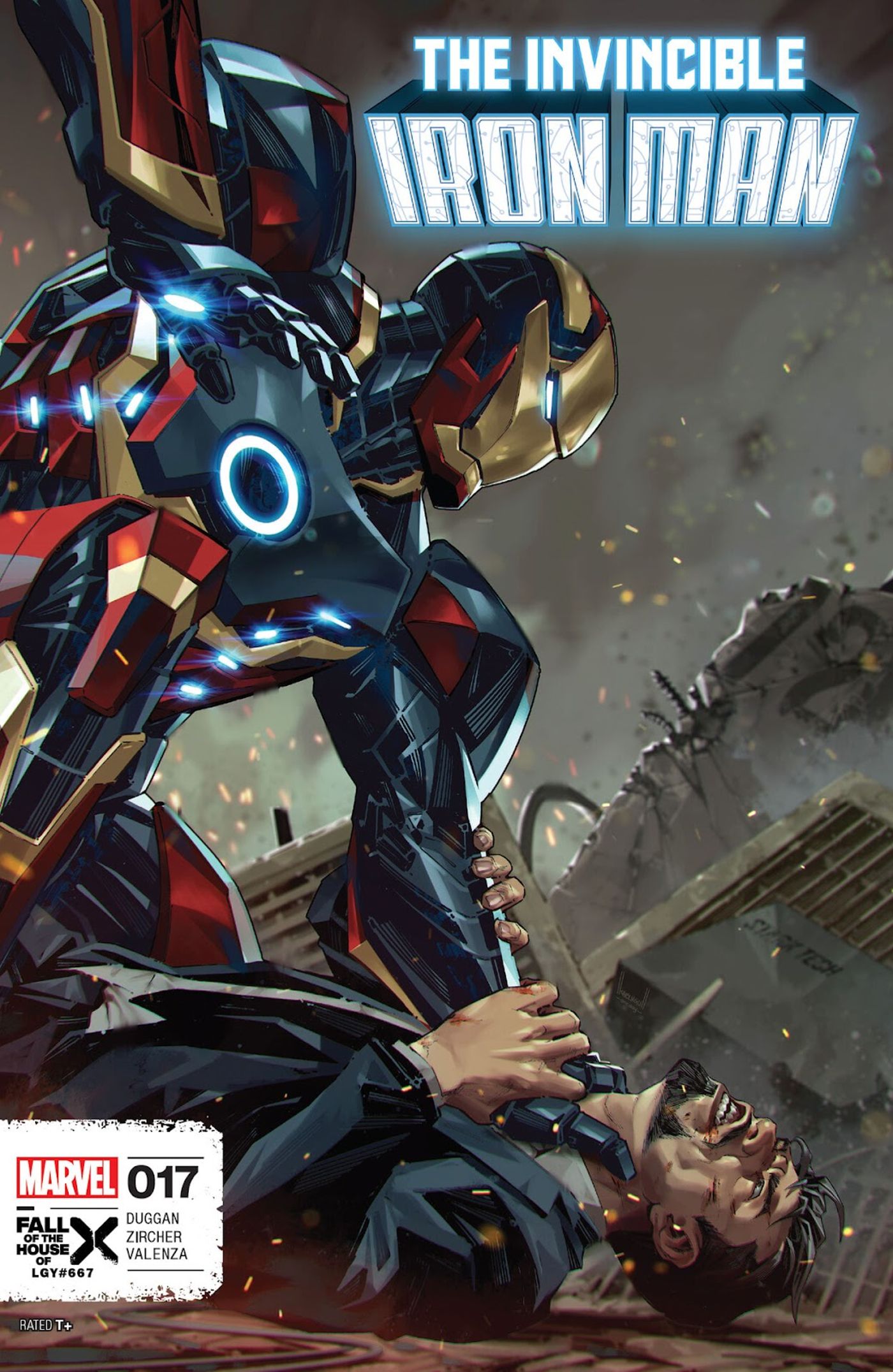 Um traje do Homem de Ferro tem a mão em volta do pescoço de Tony Stark e um punho levantado. 