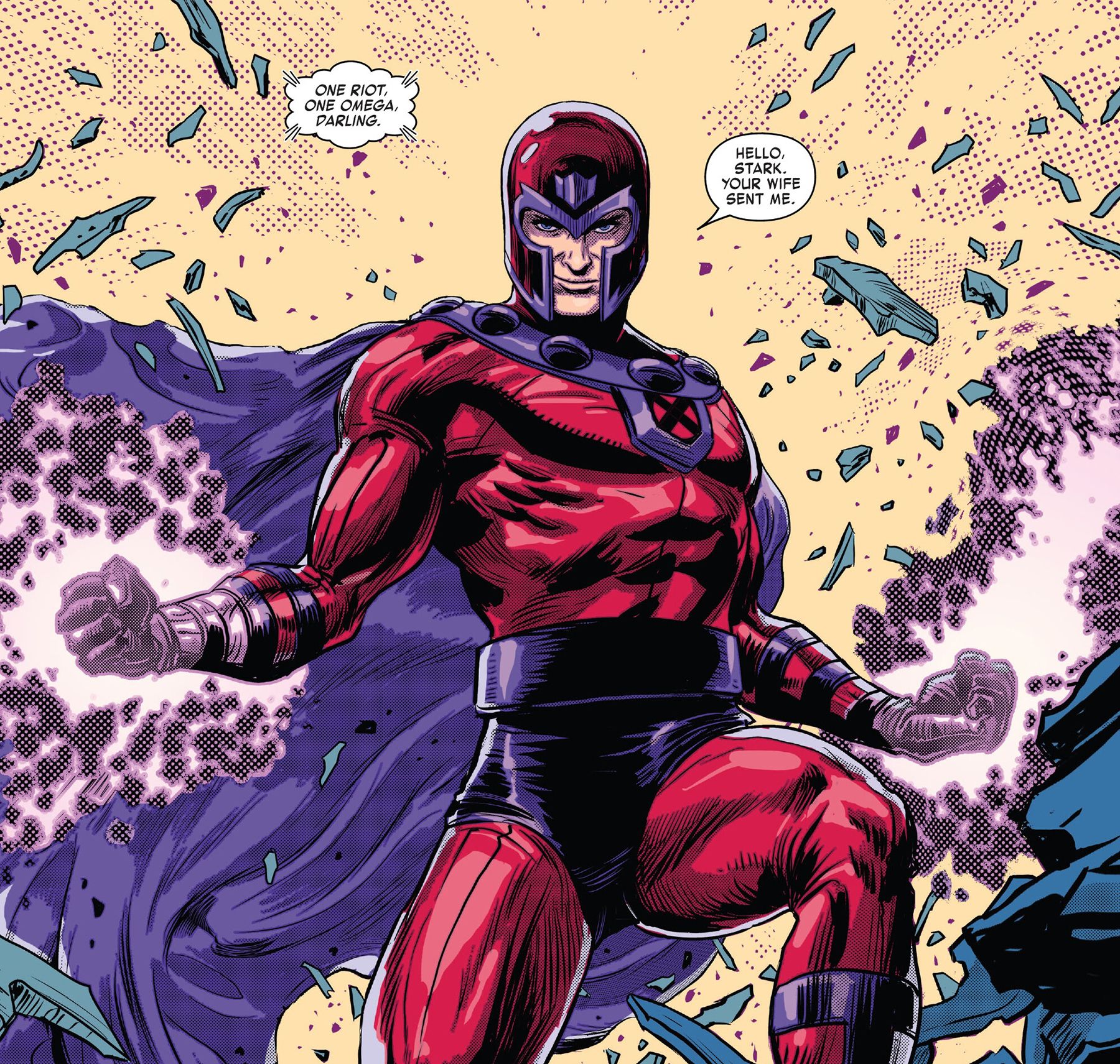 Homem de Ferro Invencível # 17, página 26 - Magneto chega, dizendo a Tony Stark "sua esposa me enviou".